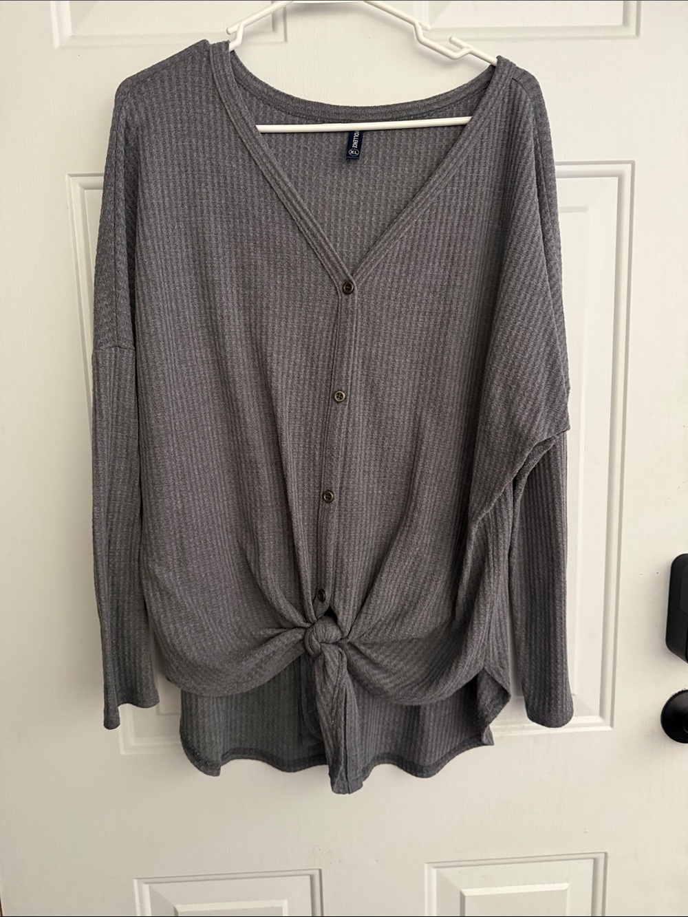 Womens Charcoal Ribbed Button-Front Tie Hem Top